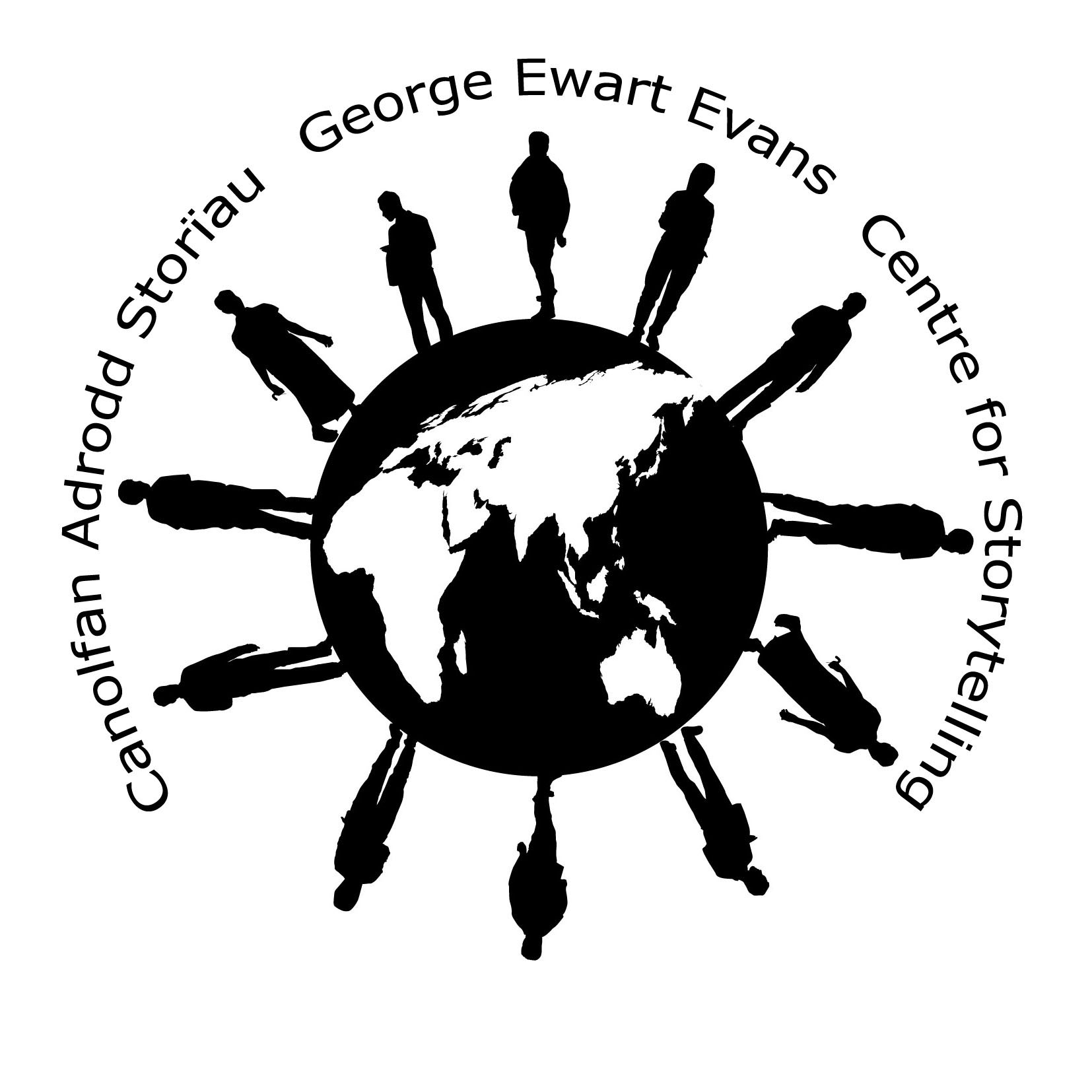 Human figures encircling black and white globe