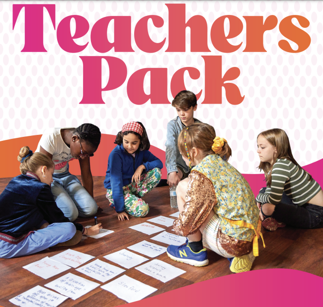The front cover of the teachers pack with young people in a group writing stories.