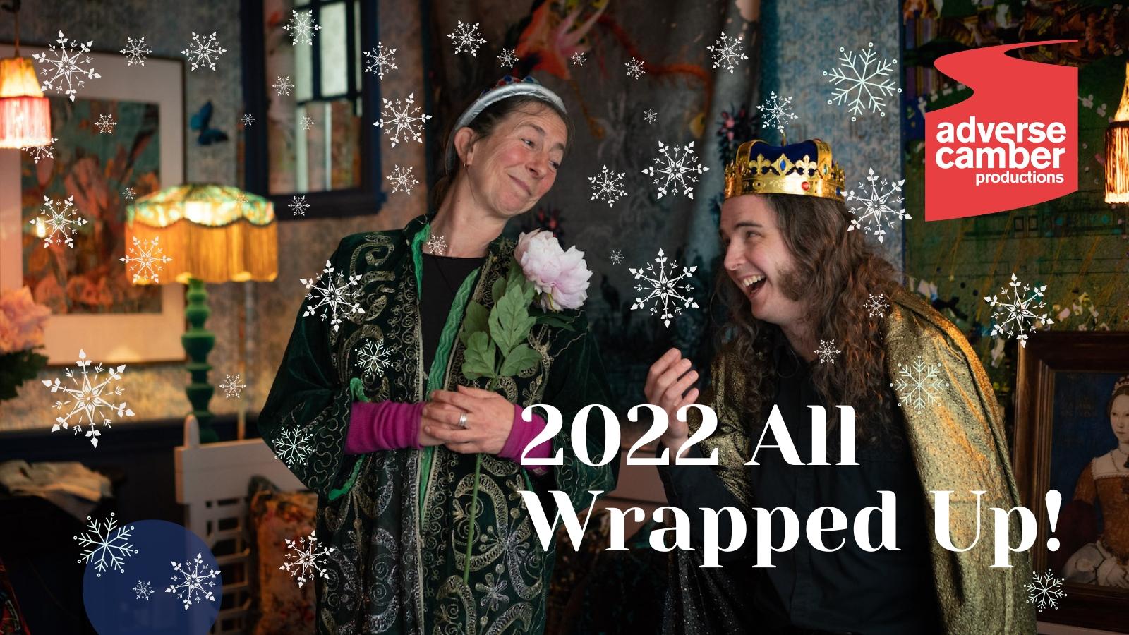 Storytellers Rachel Murray and Tim Ralphs in the Blackpop showroom wearing crowns with the text '2022 all wrapped up!'