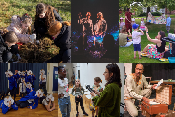 A montage of images showing storytelling with young people, performances, schools and outdoor events.
