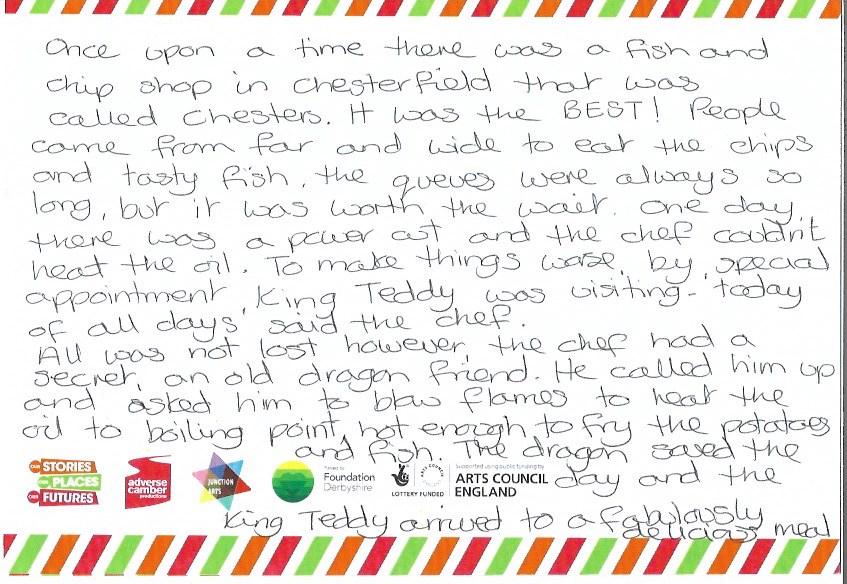 A handwritten story on a card with a colourful border featuring all the logos from the project.