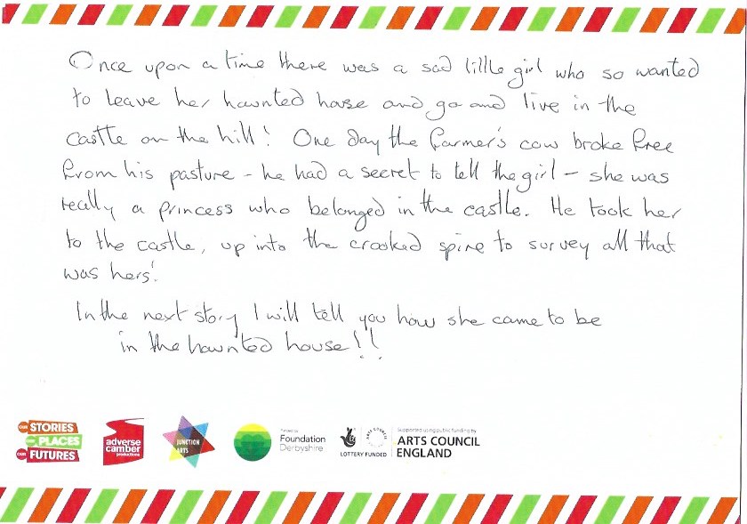 A handwritten story on a card with a colourful border featuring all the logos from the project.